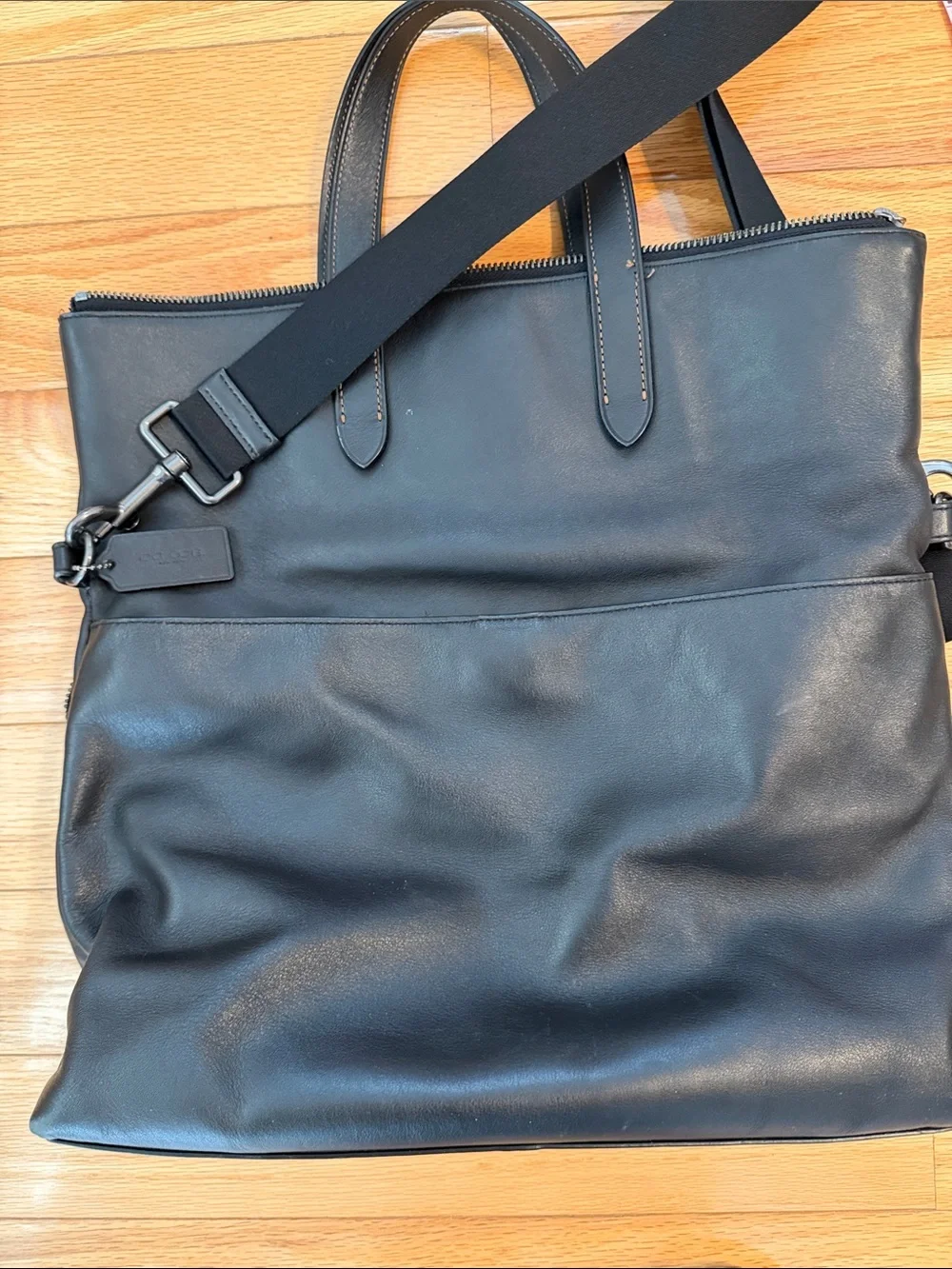 Coach Black Leather Convertible Laptop Tote/Messenger Bag with Adjustable Strap